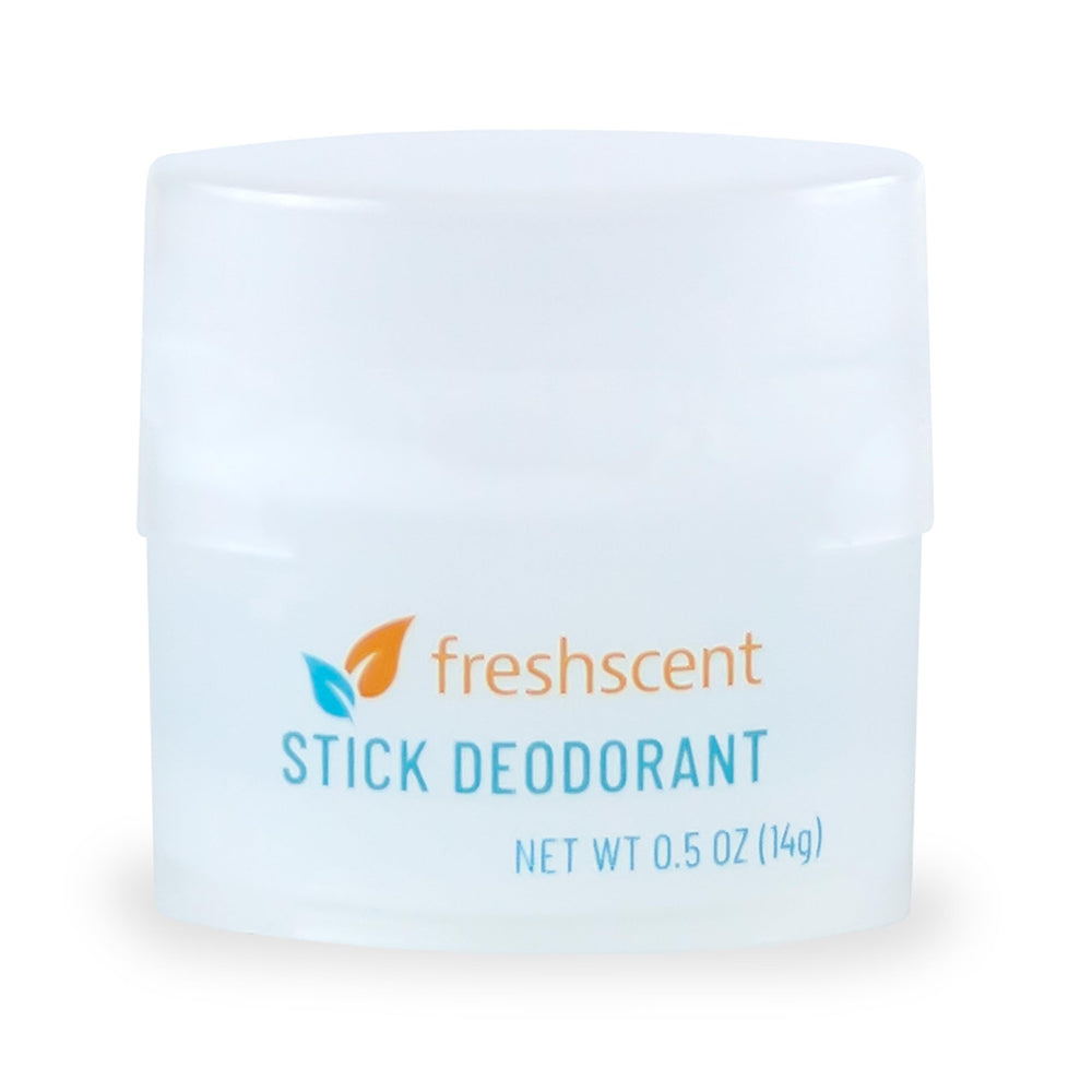 Freshscent 144-pack travel-size deodorant box demonstrates bulk donation readiness.