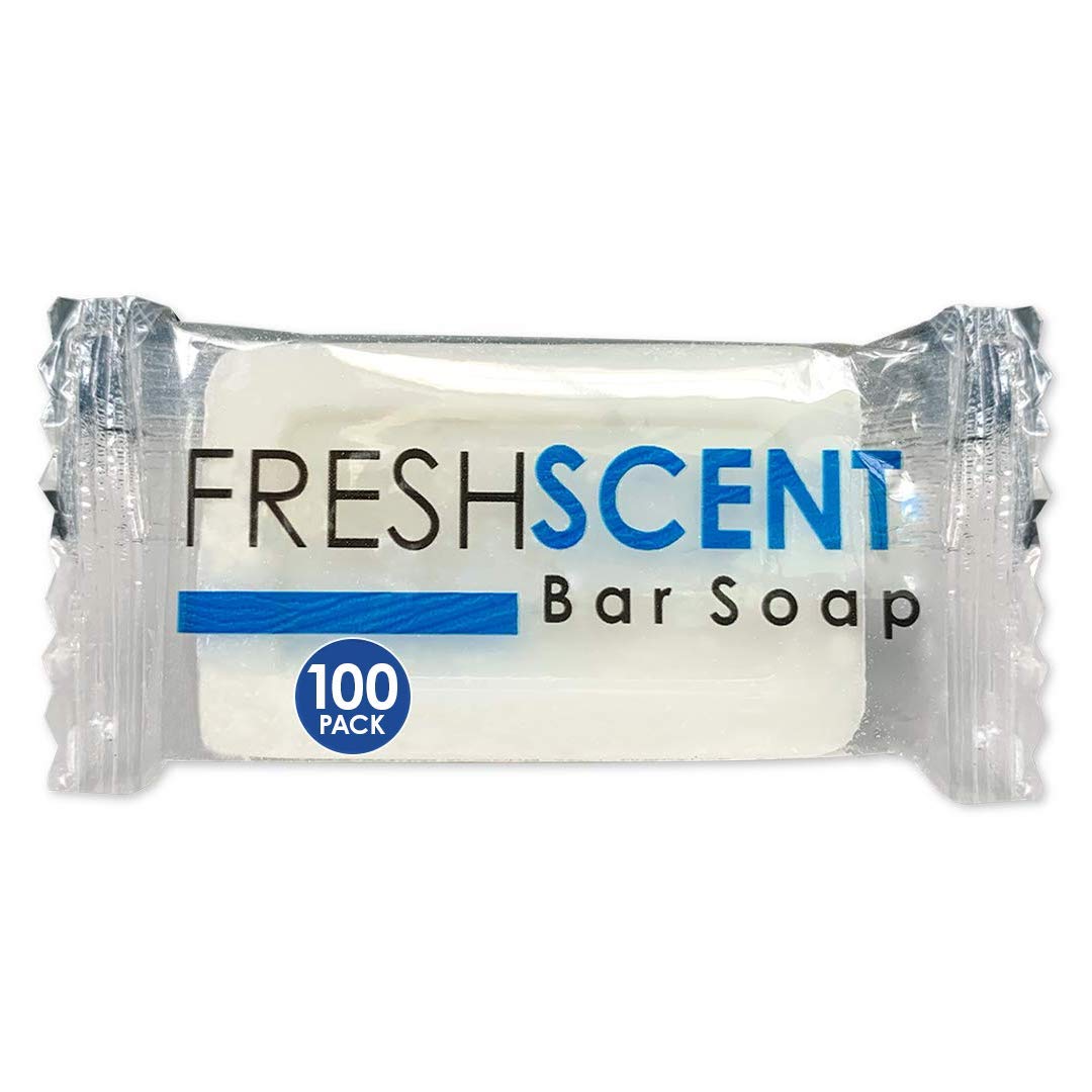 Freshscent bar soap 100-pack packaging; sturdy carton for easy storage and shipping.