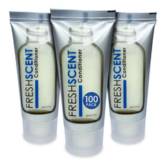 Freshscent conditioner 1oz 100-pack packaging showcases hotel-grade bulk toiletries for easy stocking.