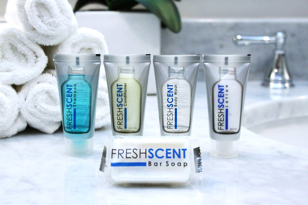 Freshscent lotion bulk 100-tube pack designed for hotel distribution and storage.