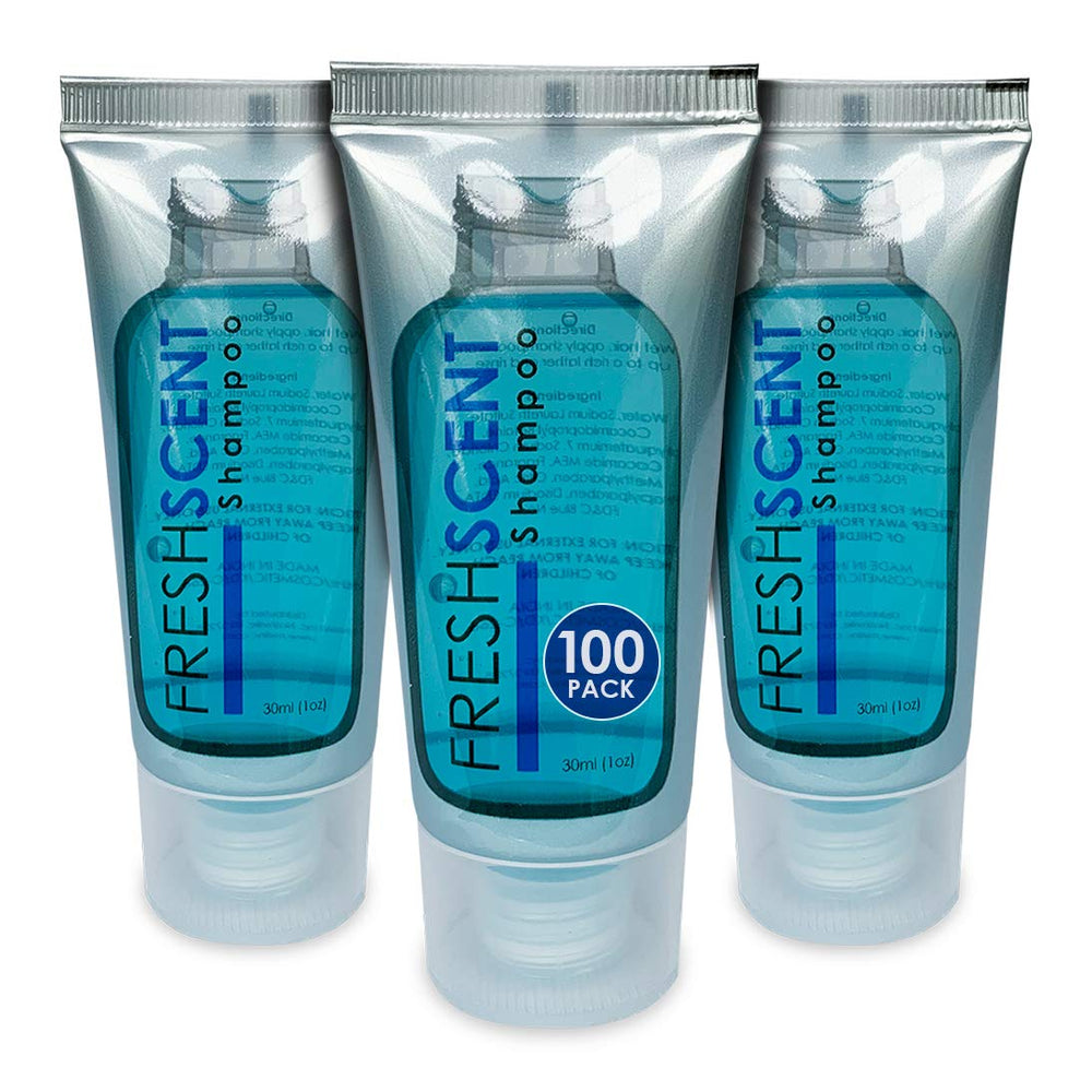 Freshscent shampoo 1oz tubes in a display-case setup for convenient hotel room amenities.