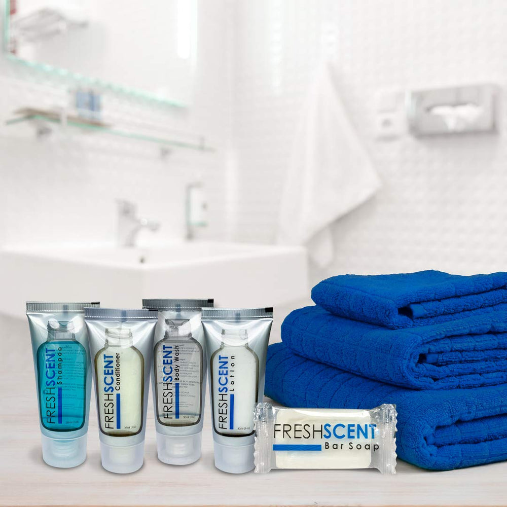 Freshscent shampoo hotel-room-shelf presentation enhances guest perception of quality amenities.