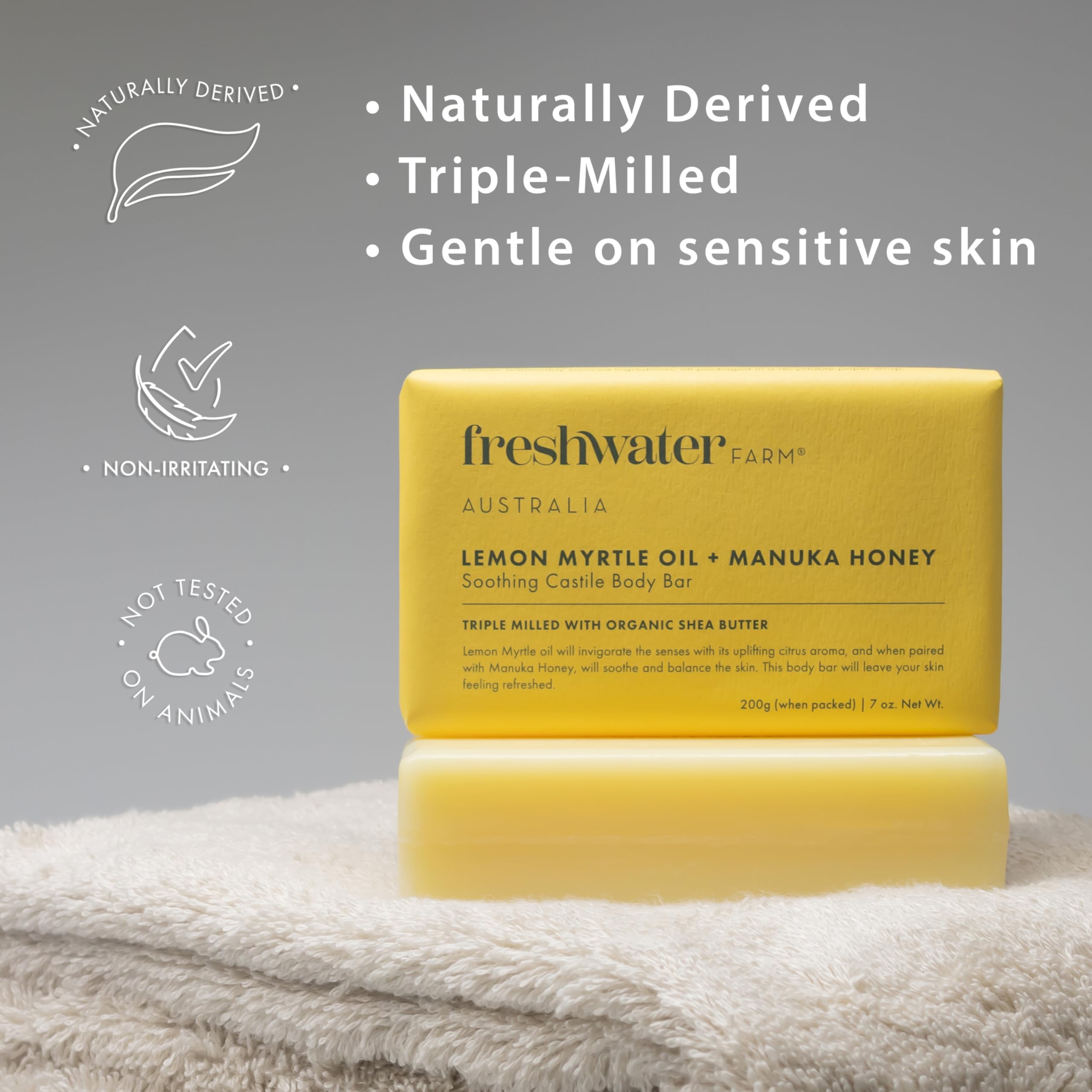 Freshwater Farm Australia creamy lather closeup supporting gentle cleansing for sensitive skin.