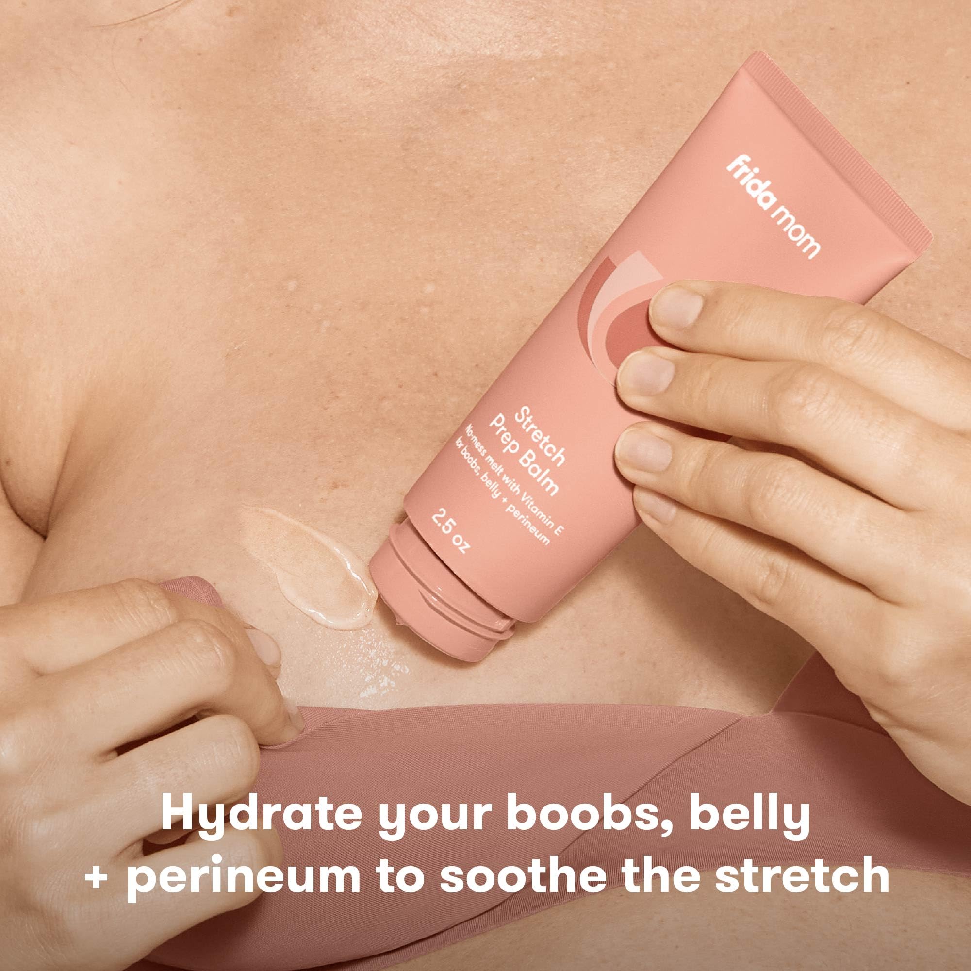 Frida Mom Stretch Mark Cream texture swirl highlights smooth, non-greasy hydration.