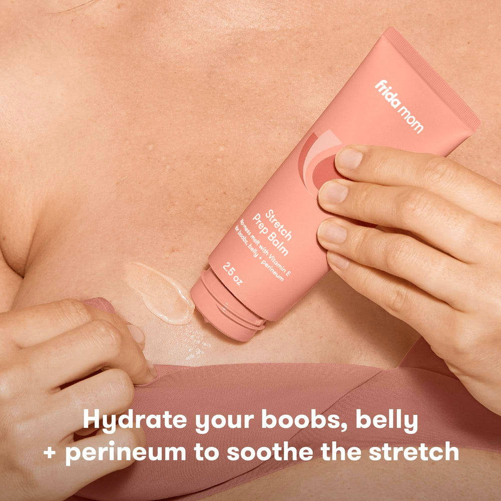 Frida Mom Stretch Mark Cream texture swirl highlights smooth, non-greasy hydration.