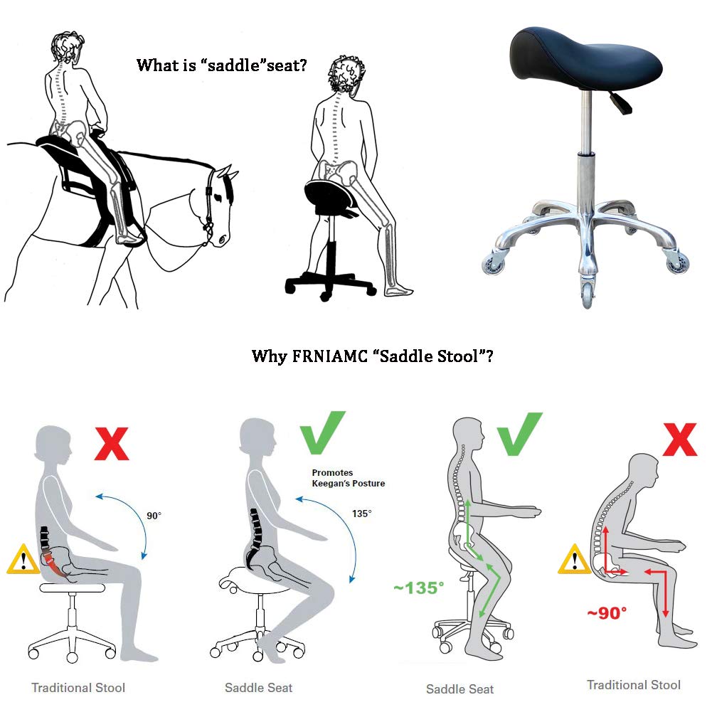 FRNIAMC saddle stool five-star aluminum base with soft rubber casters.