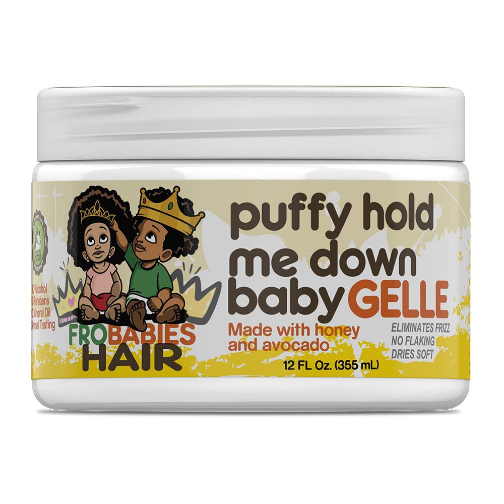 FroBabies Hair Puffy Hold Me Down Baby Gelle defining curls closeup shows honey and oils texture for smooth curls.