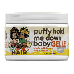 FroBabies Hair Puffy Hold Me Down Baby Gelle defining curls closeup shows honey and oils texture for smooth curls.