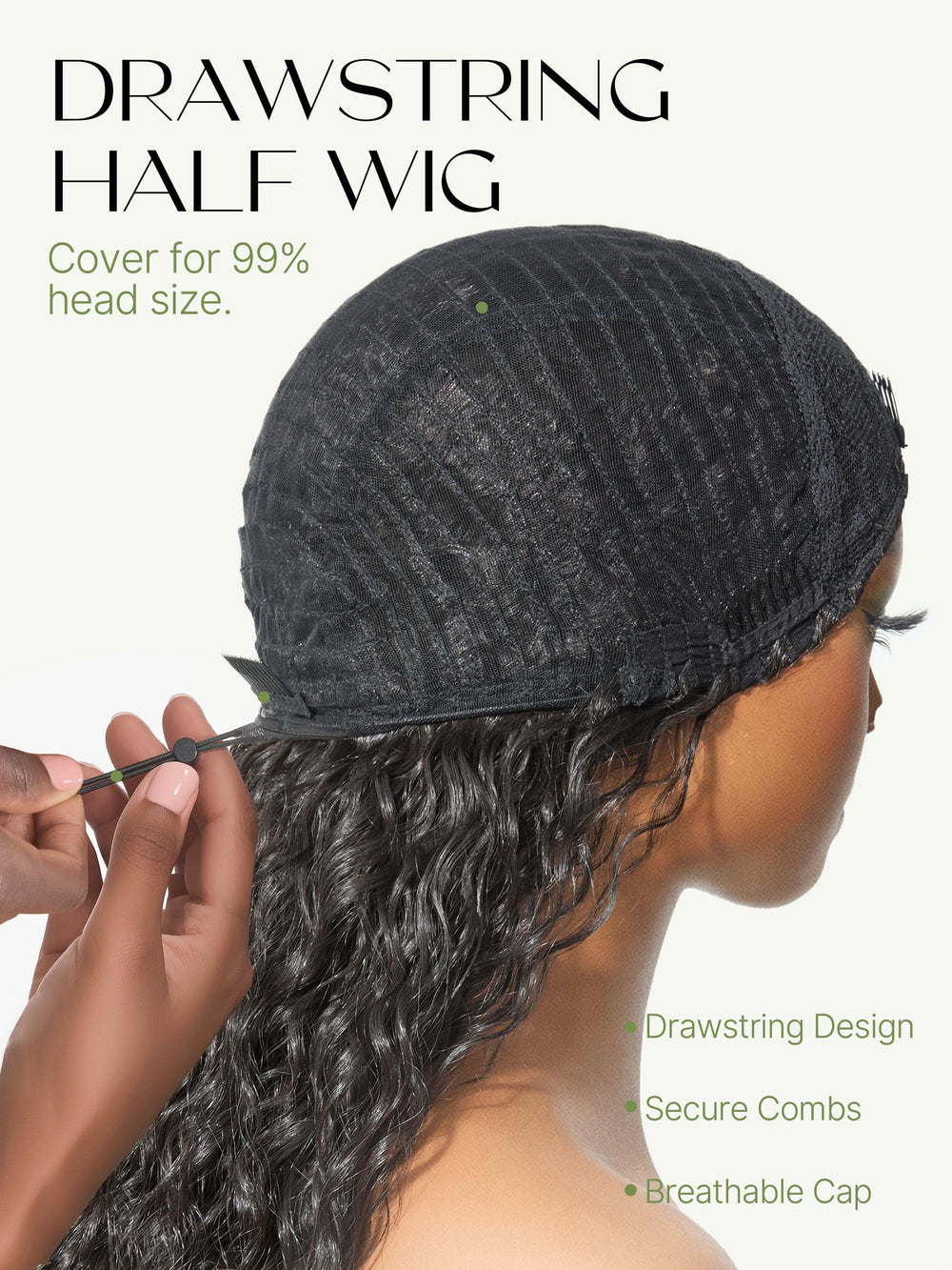 Frodio Curly Half Wig 26in adjustable drawstring cap demonstrates quick, secure fit.