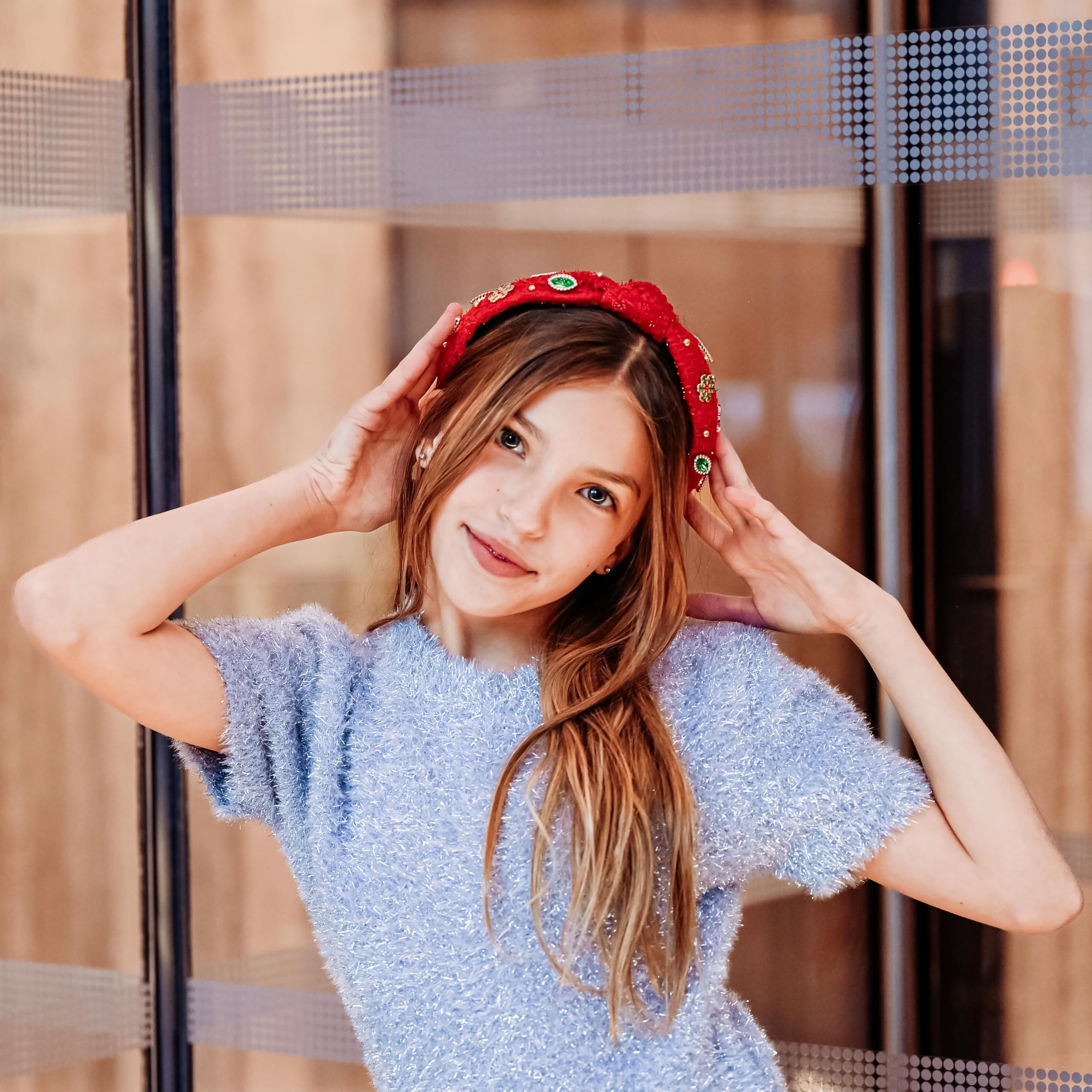 FROG SAC holiday headband with candy canes and Christmas trees elevates seasonal outfits.