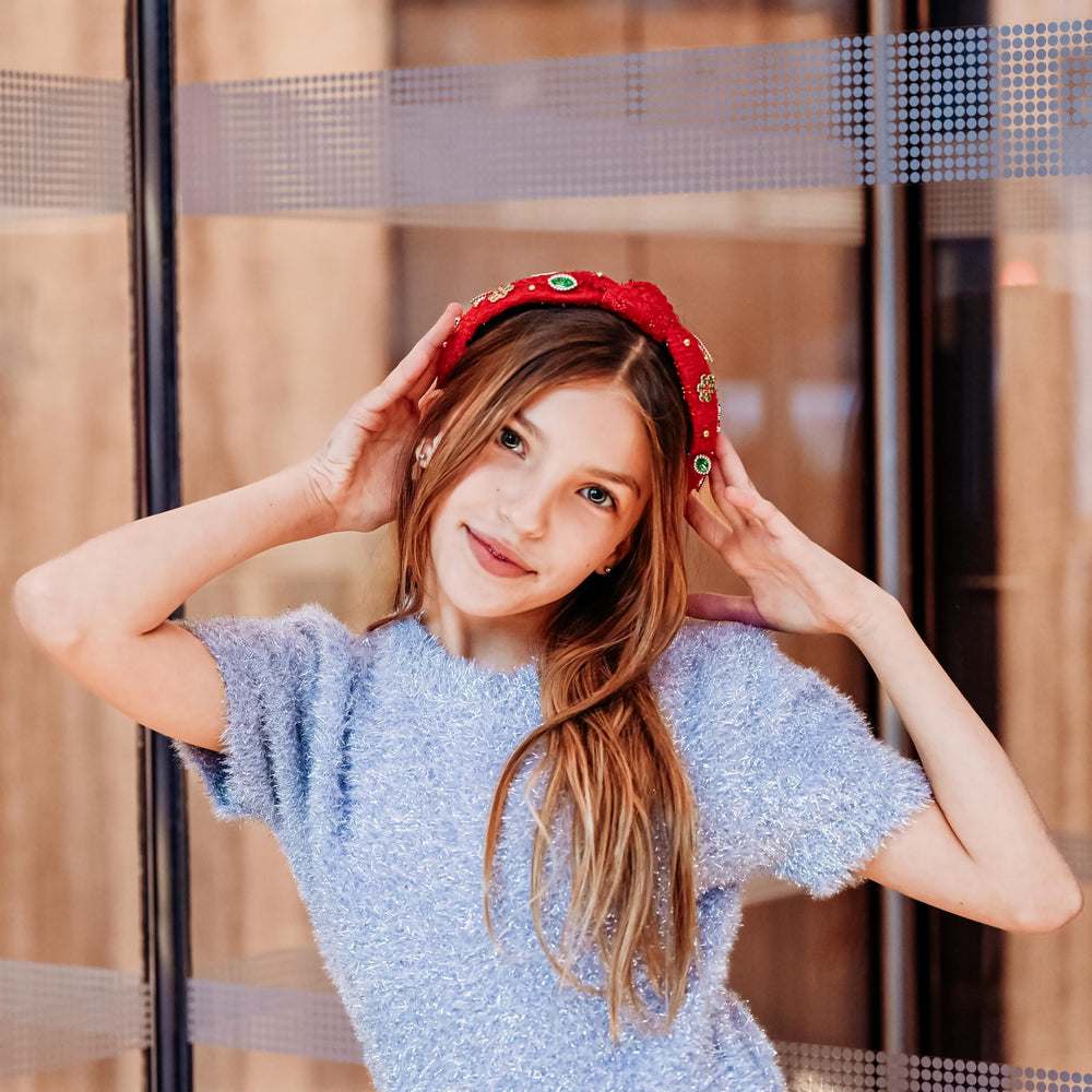 FROG SAC holiday headband with candy canes and Christmas trees elevates seasonal outfits.