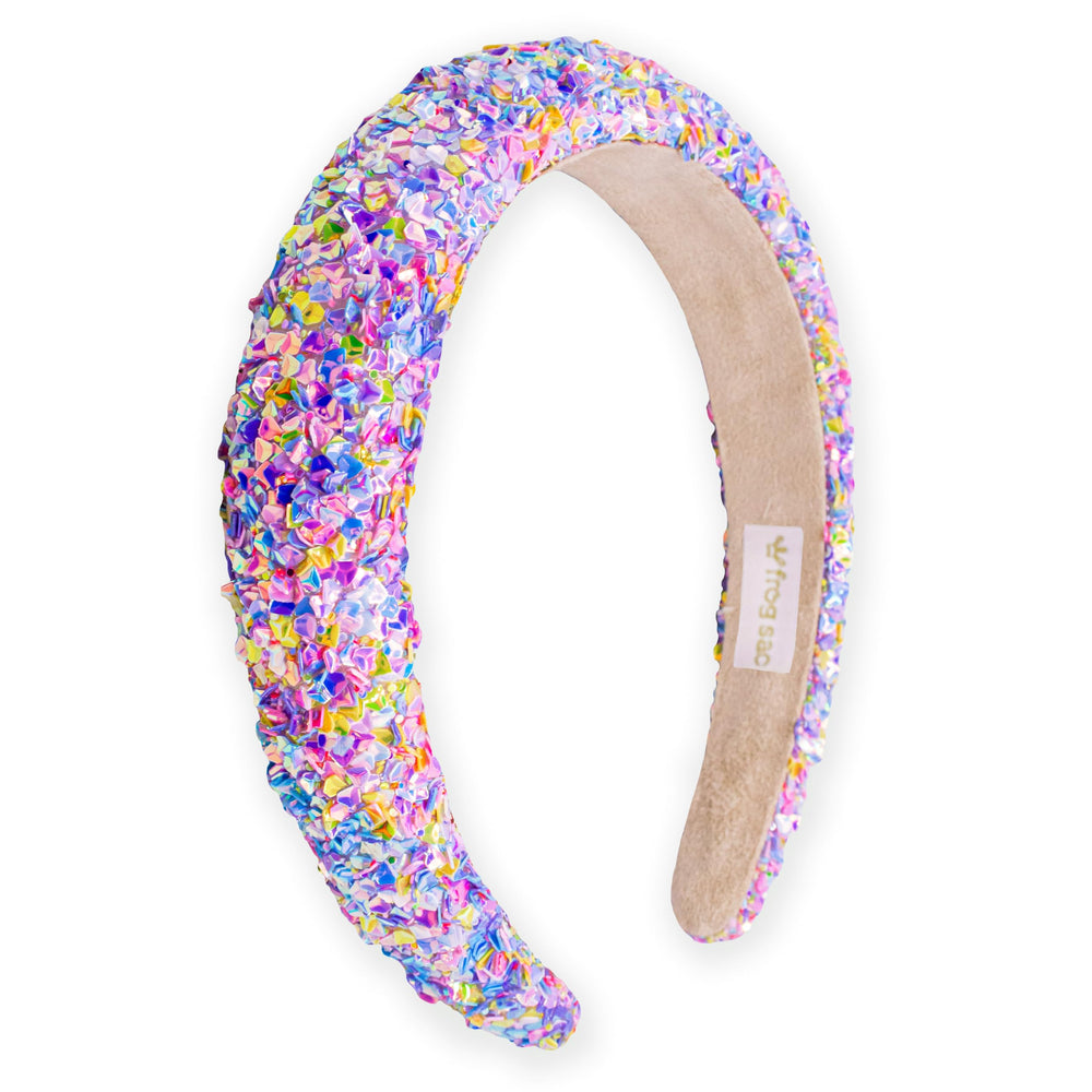FROG SAC Rainbow Sequin Headband close-up with bright sparkle for all-day wear.