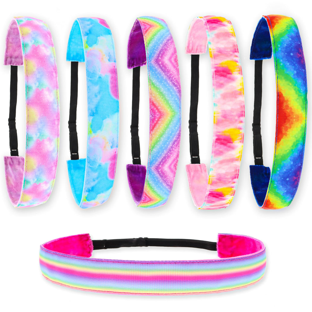 FROG SAC tie-dye headband rainbow close-up showing non-slip velvet lining for active play