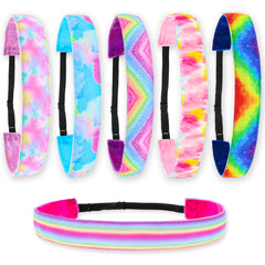 FROG SAC tie-dye headband rainbow close-up showing non-slip velvet lining for active play
