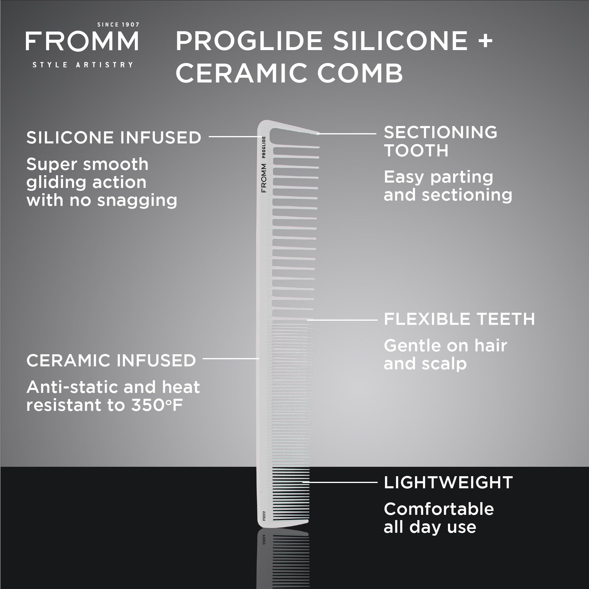 Fromm F3022 ProGlide silicone-infused surface reduces snagging during detangling sessions.