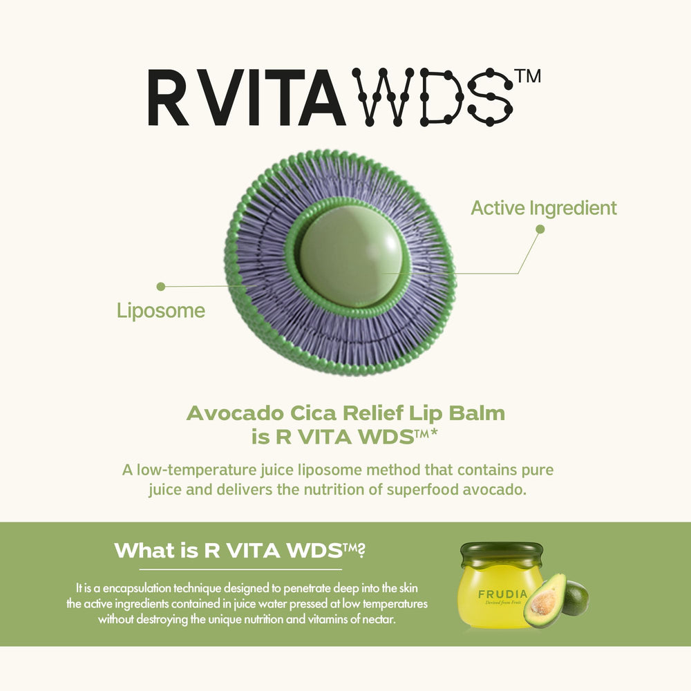 FRUDIA Avocado Cica Relief balm-day-use on lips suggests daily comfort.