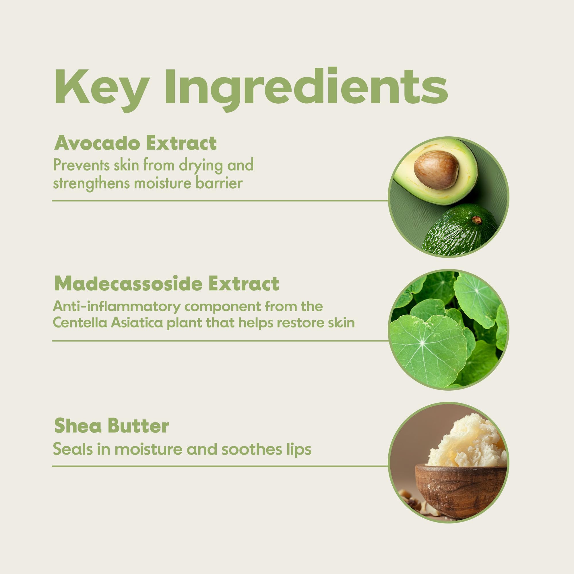 FRUDIA Avocado Cica Relief balm-ingredients close-up highlighting avocado, shea, and centella.