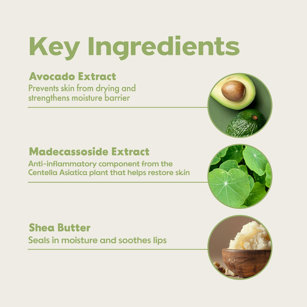FRUDIA Avocado Cica Relief balm-ingredients close-up highlighting avocado, shea, and centella.