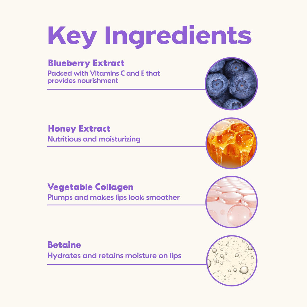 Frudia blueberry honey lip balm close-up highlighting translucent, moisturizing shine.