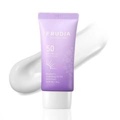 FRUDIA blueberry hydrating sunscreen packaging highlights a lightweight daily protector.