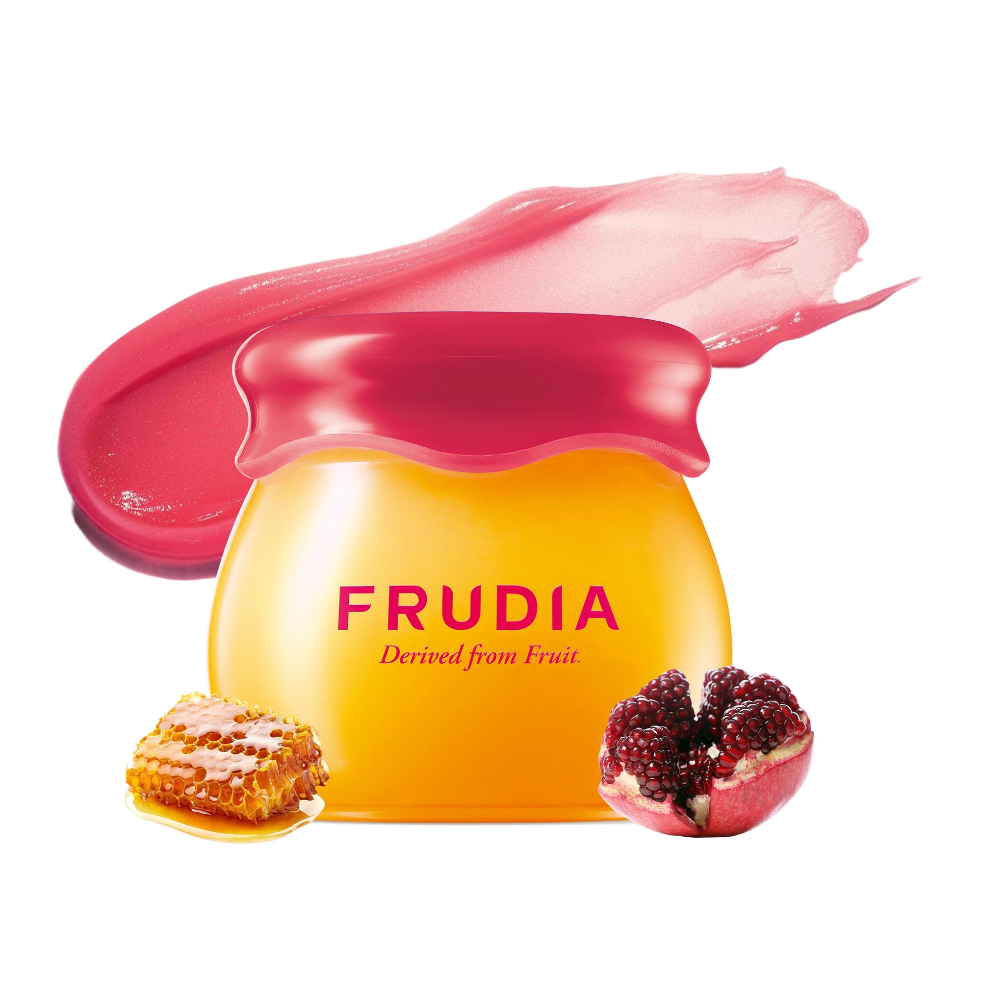 FRUDIA Pomegranate Honey Lip Balm tube close-up with glossy hydration