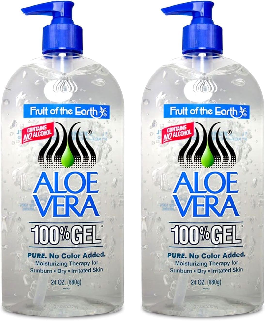 Fruit of the Earth Aloe Vera 100% Gel bottle front—fragrance-free, alcohol-free soothing for sunburned skin.