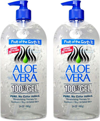Fruit of the Earth Aloe Vera 100% Gel bottle pour—easy application for dry or irritated skin.