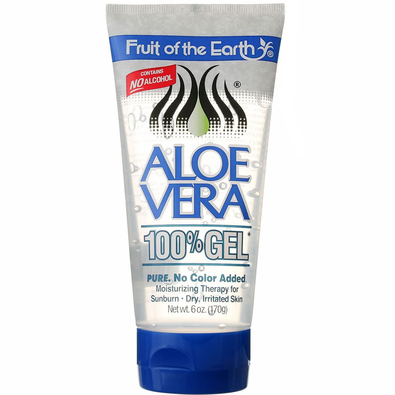 Fruit of the Earth Aloe Vera gel 6oz bottle front shows cooling relief on skin
