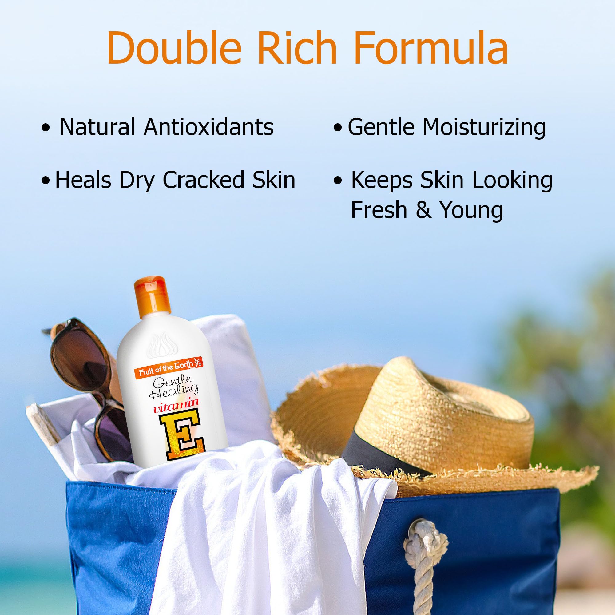 Fruit of the Earth Vitamin E Lotion wheat-germ-oil label-shot suggests nourishing skin care.
