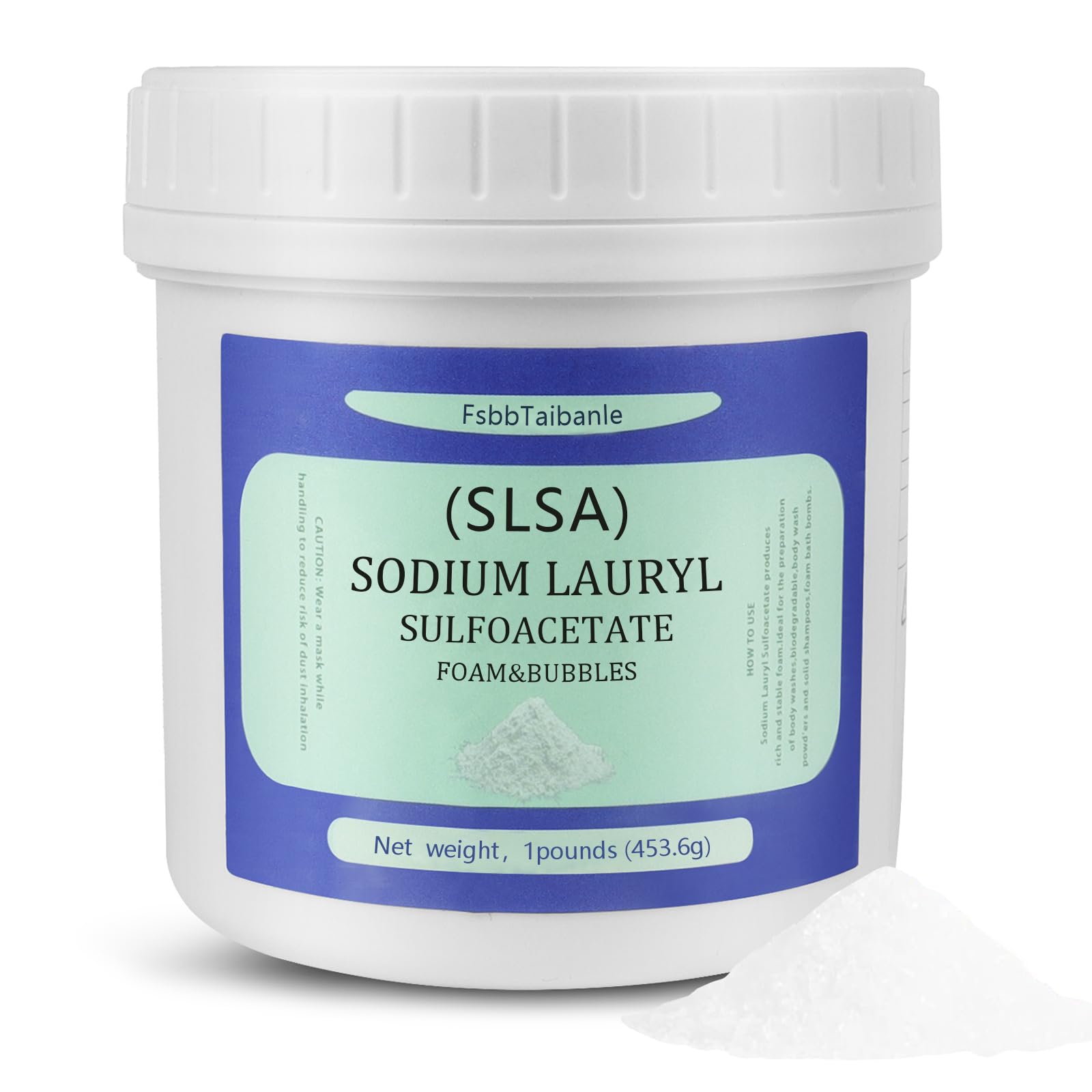 FSbbTaibanle SLSA powder bottle front for gentle bath bombs and spa-like baths.