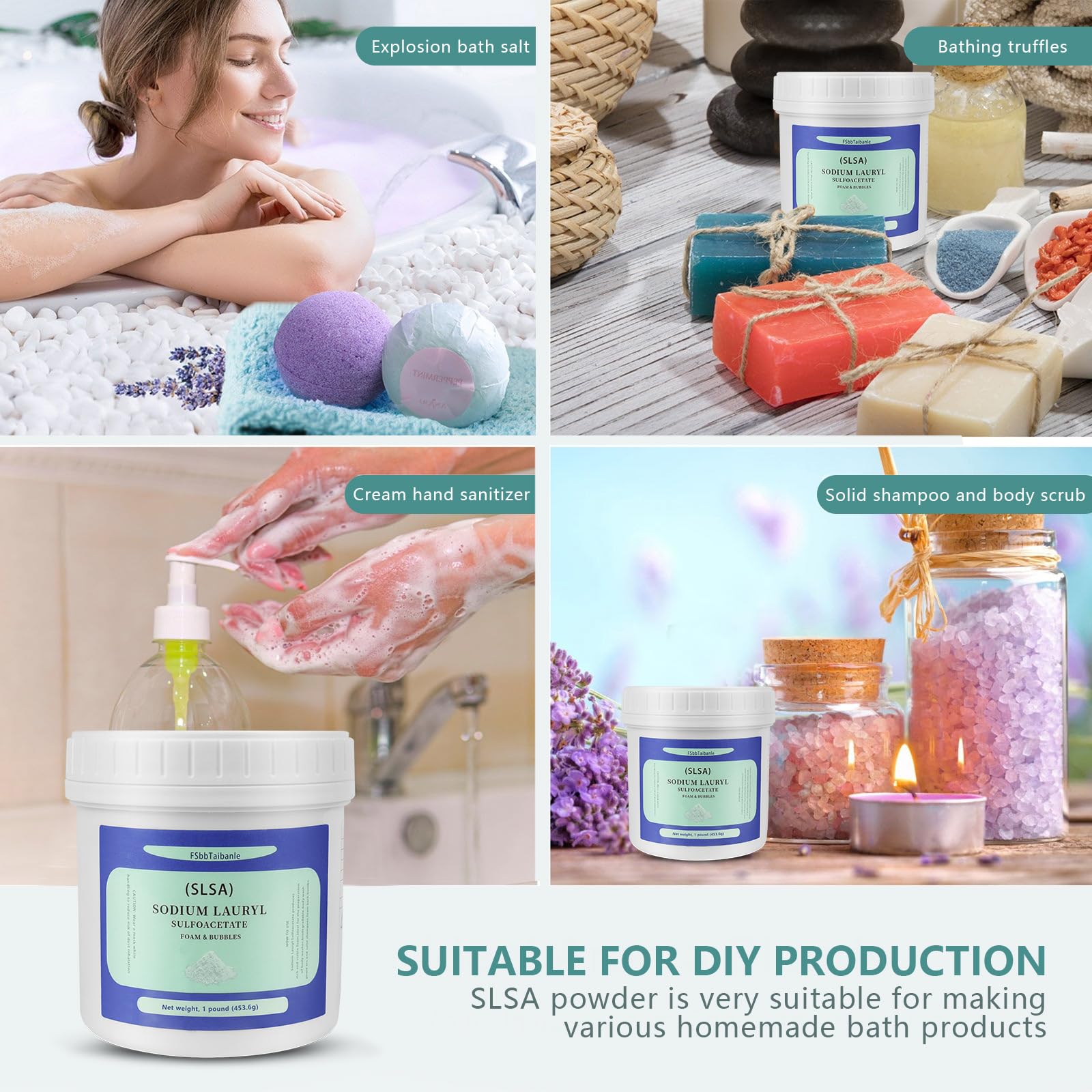 FSbbTaibanle SLSA powder texture closeup reveals premium foaming base for bath products.