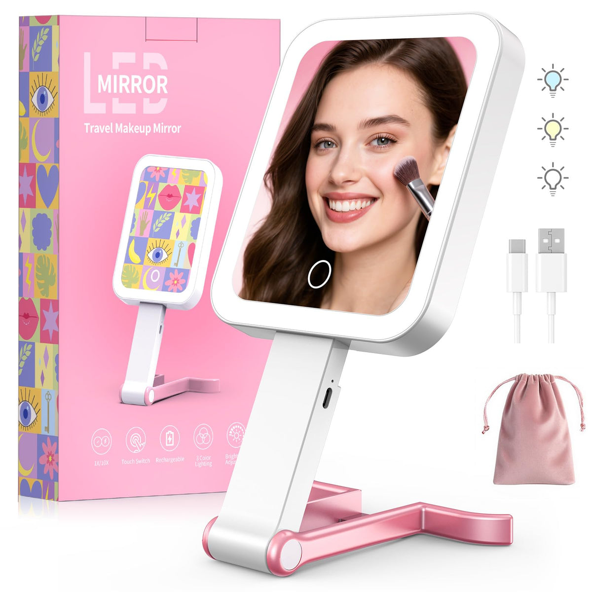 Fshyos travel makeup mirror with LED surround lighting for even makeup application