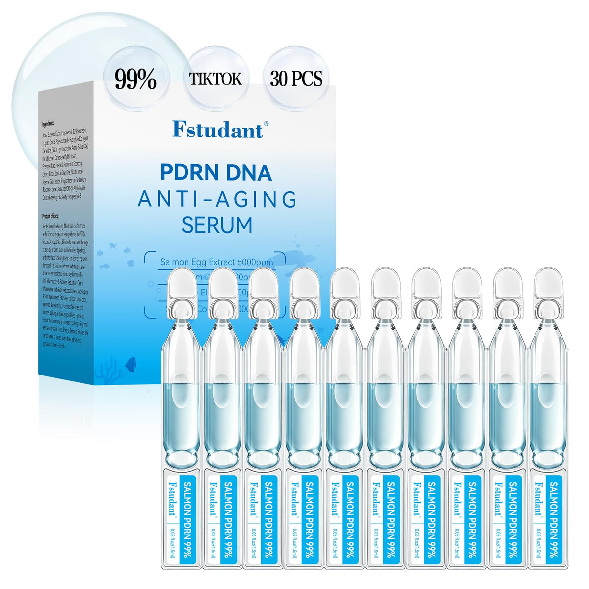 Fstudant Salmon DNA PDRN serum bottle highlights deep hydration and anti-aging potential.