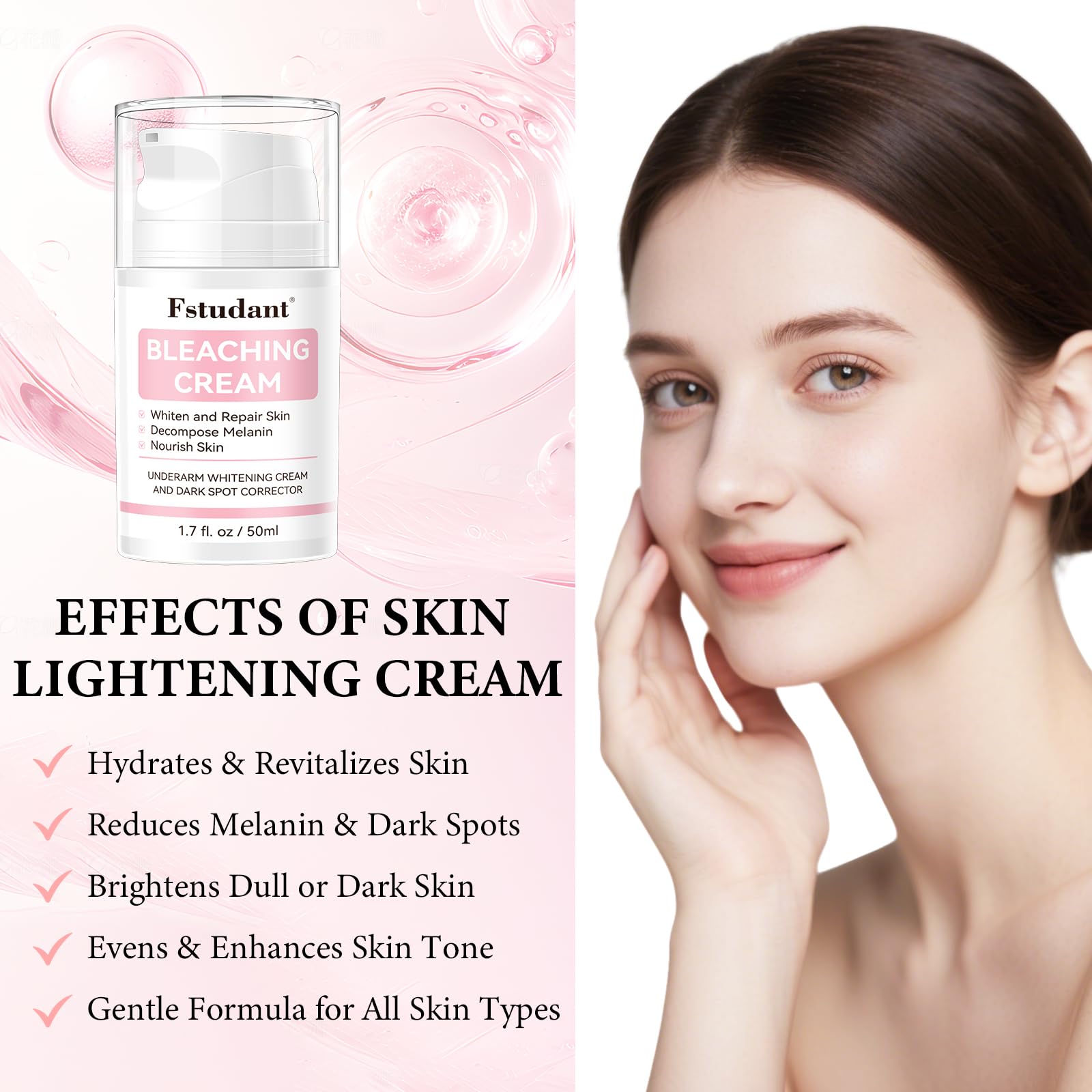 Close-up of Fstudant cream texture showing smooth, fast-absorbing skin feel.