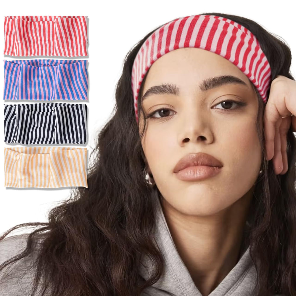 Fszsaa stretchy striped headband on model for workouts and daily wear.