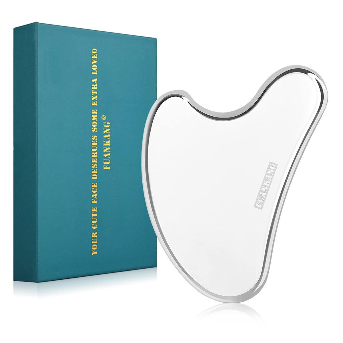 FUANKANG Gua Sha tool with mirror-finish stainless steel for facial massage and circulation.