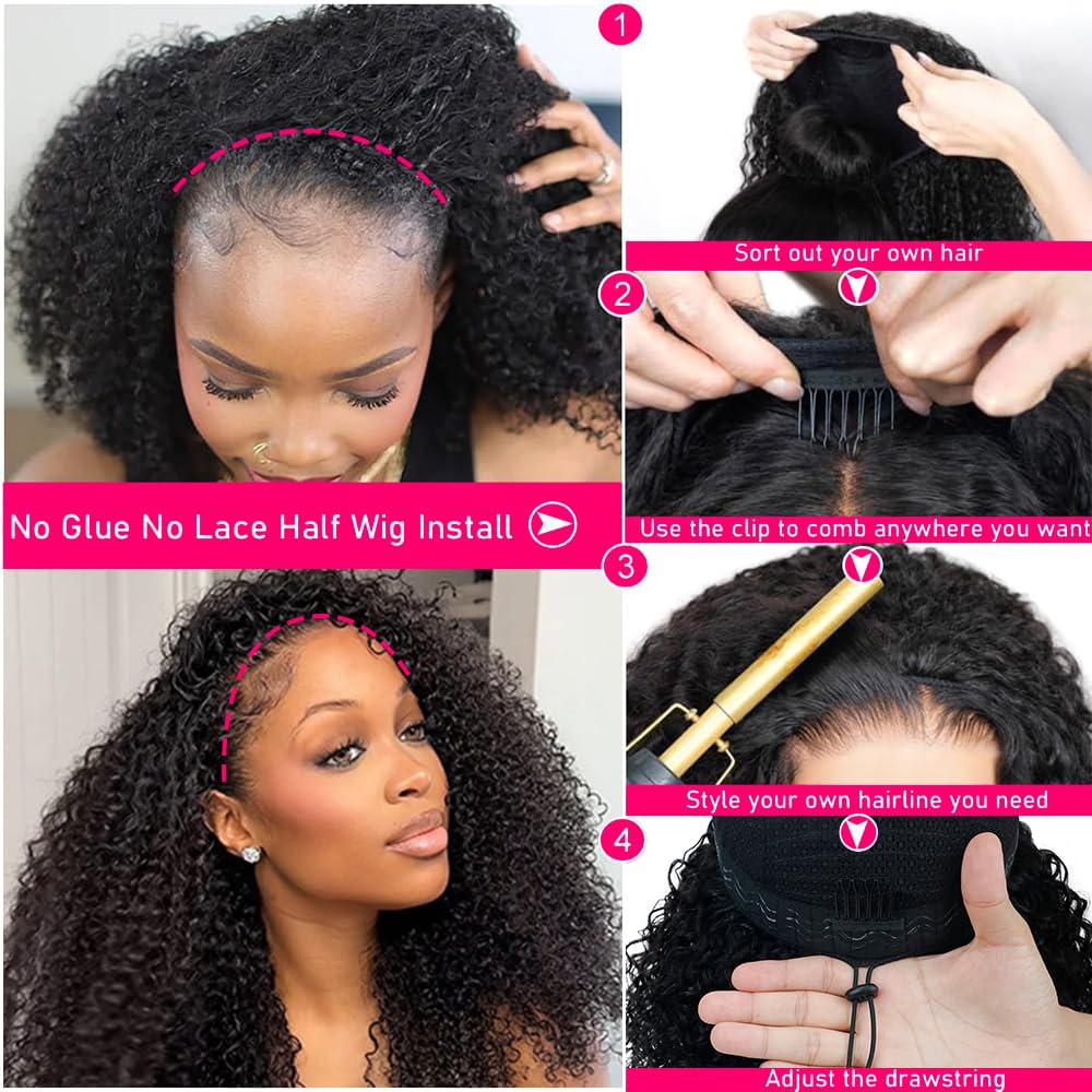 Fuduete 16-inch kinky curly half wig drawstring-securement for a snug fit.
