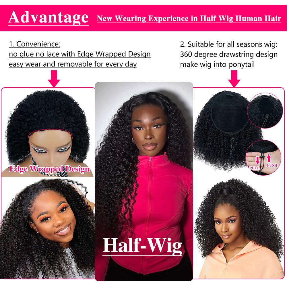 Fuduete 16-inch kinky curly half wig seamless-headband for comfortable all-day wear.