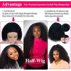 Fuduete 16-inch kinky curly half wig seamless-headband for comfortable all-day wear.