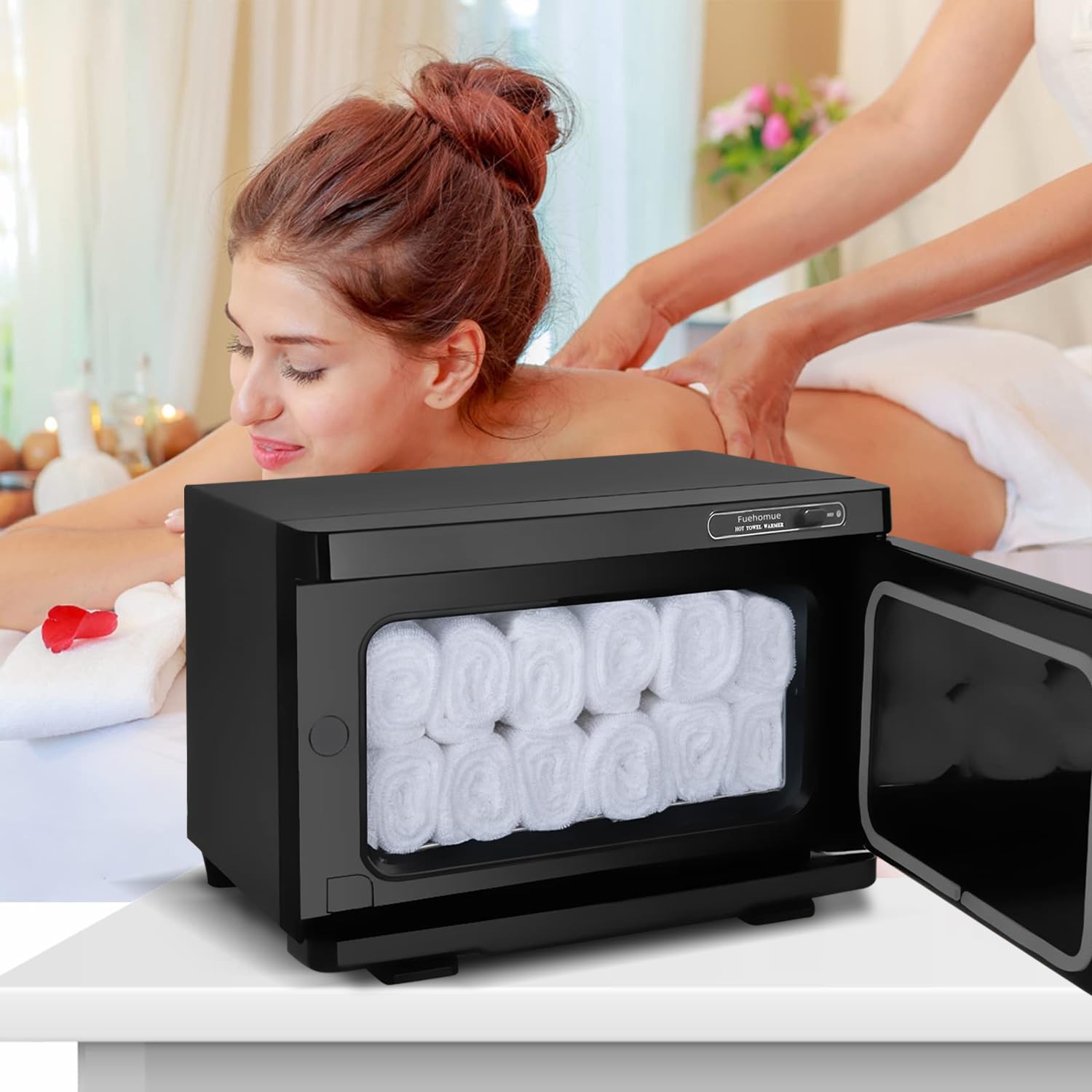 Fuehomue hot towel warmer 8L compact-dimension highlights space-saving design.