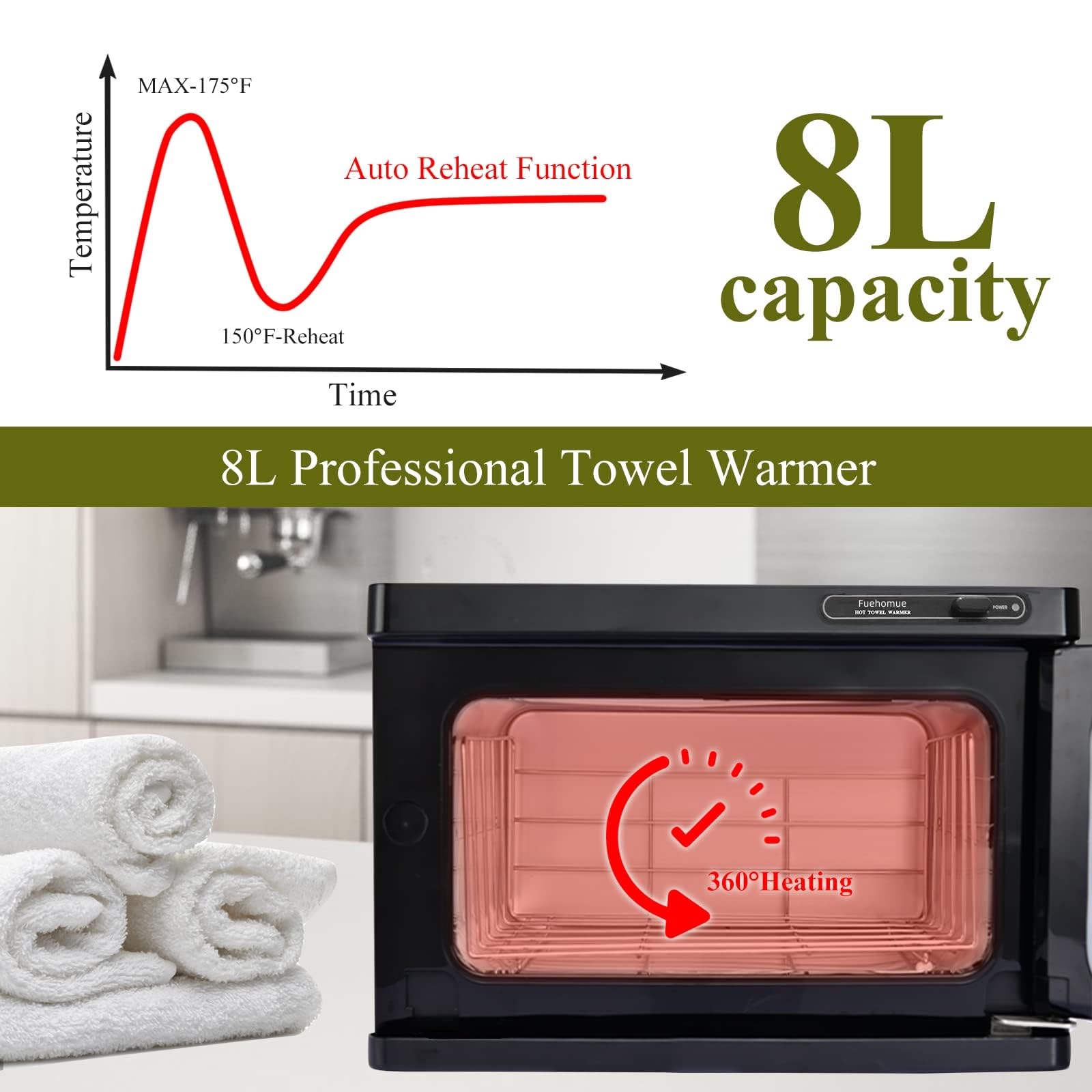Fuehomue hot towel warmer 8L lid-open angle emphasizes accessibility and rapid heating.