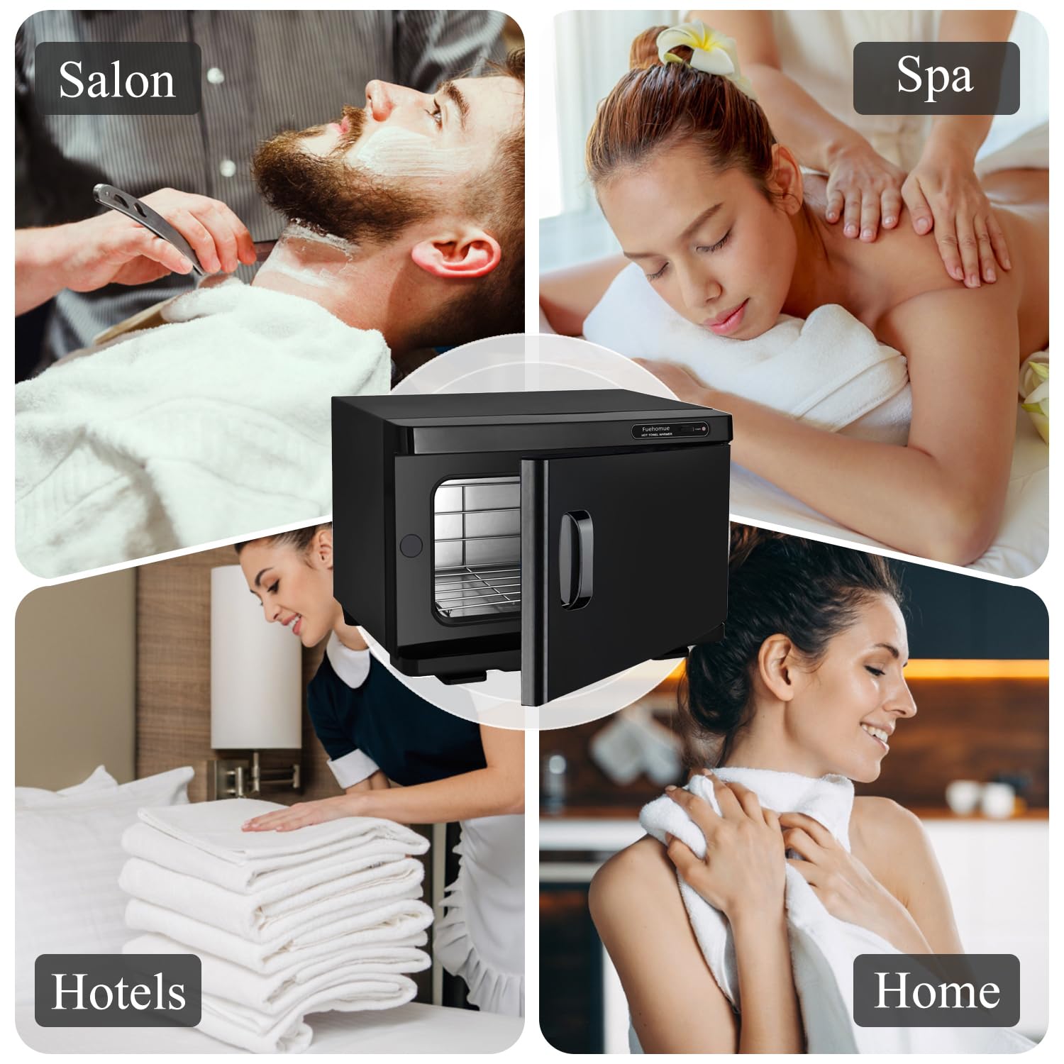 Fuehomue hot towel warmer 8L salon-use setup demonstrates professional-grade warmth.