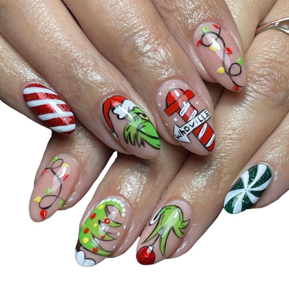 FUKIDOG Christmas red-white stripe press-on nails show festive bold design for holiday style