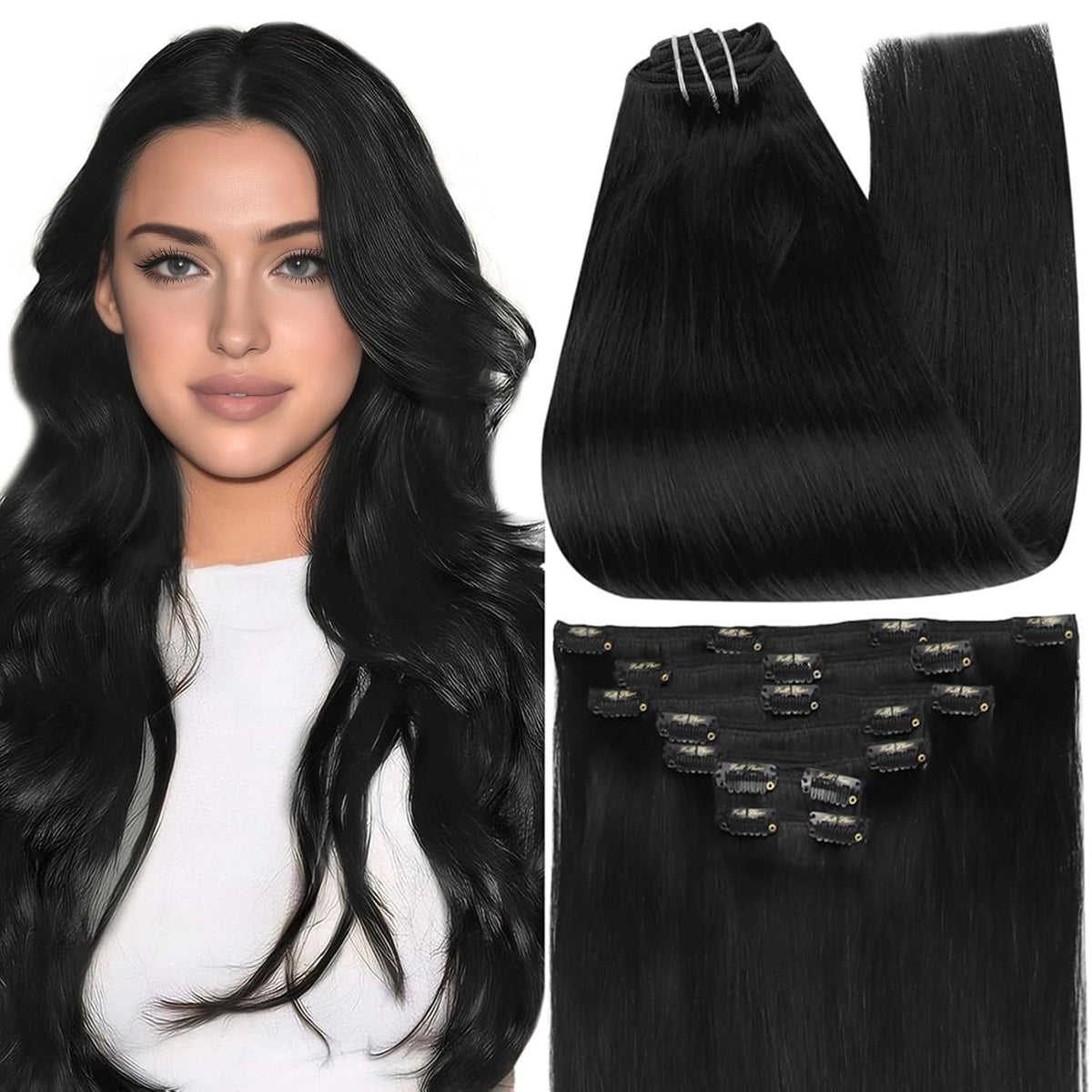 Full Shine jet black clip-in extensions bundle for seamless long-hair blend