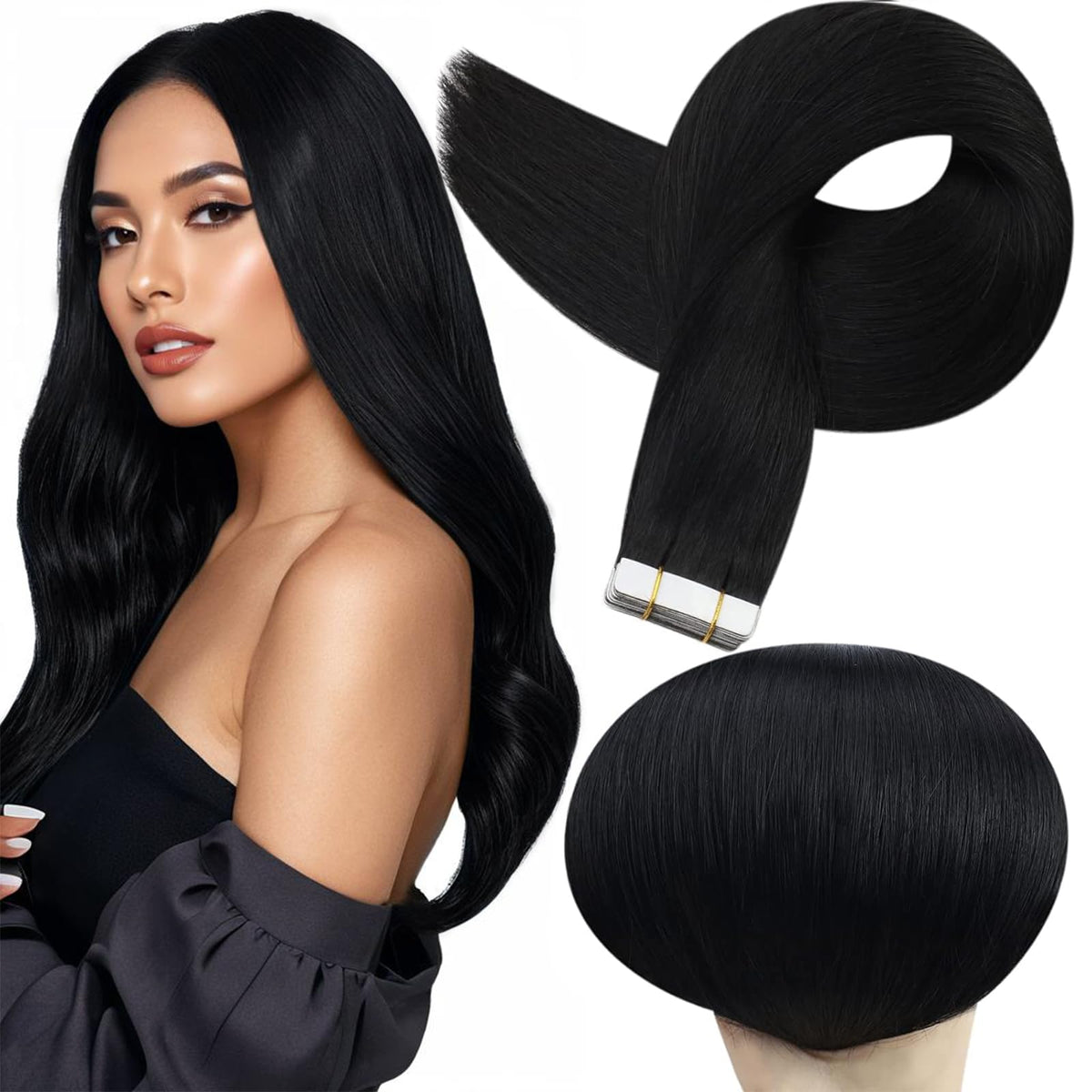Full Shine tape-in extensions jet black packaging ready for quick application.