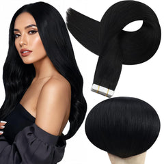Full Shine tape-in extensions jet black packaging ready for quick application.