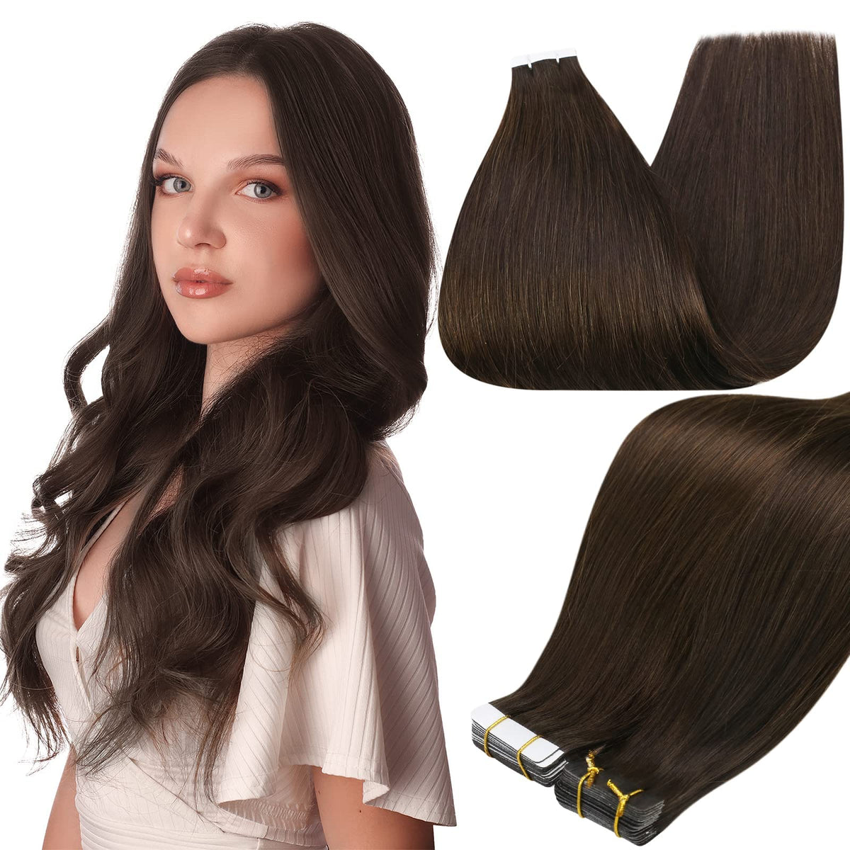 Full Shine tape-in extensions in darkest brown 24inch for seamless skin-weft finish.