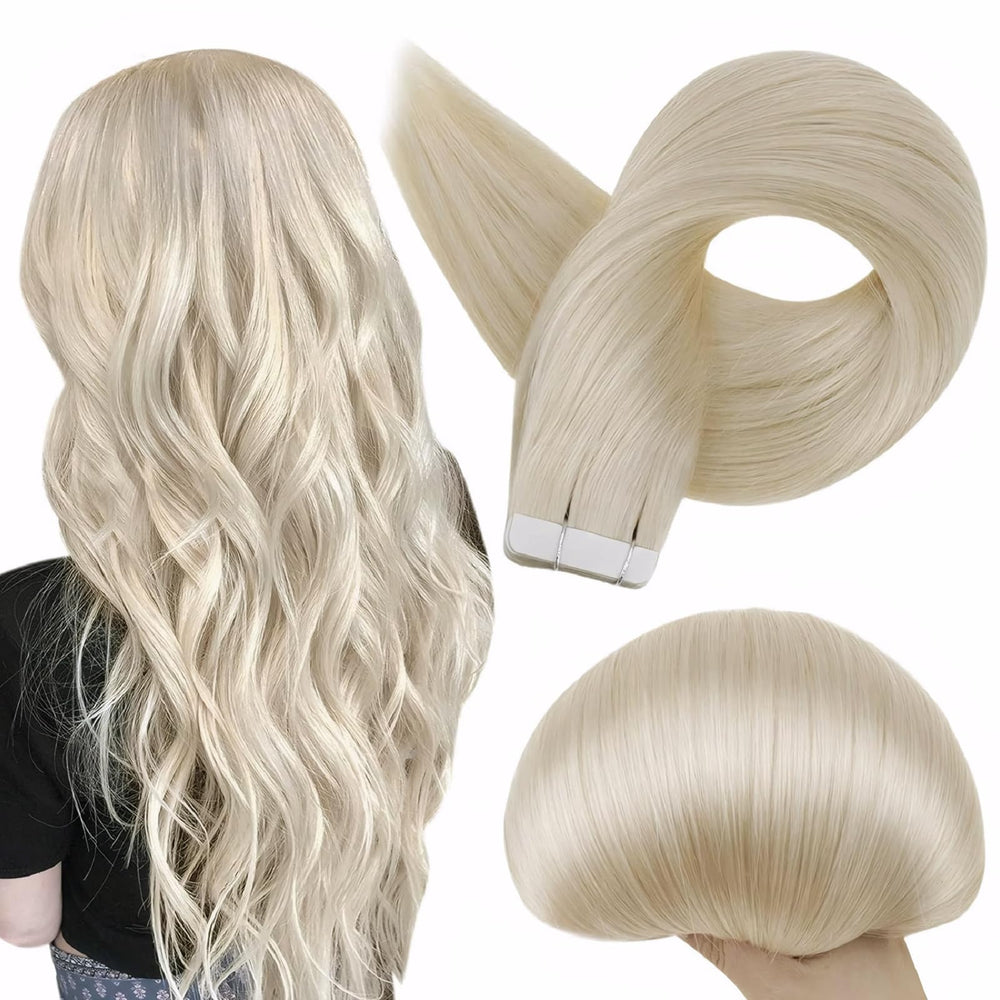 Full Shine tape-in extensions in platinum blonde show seamless color match and invisible adhesion.