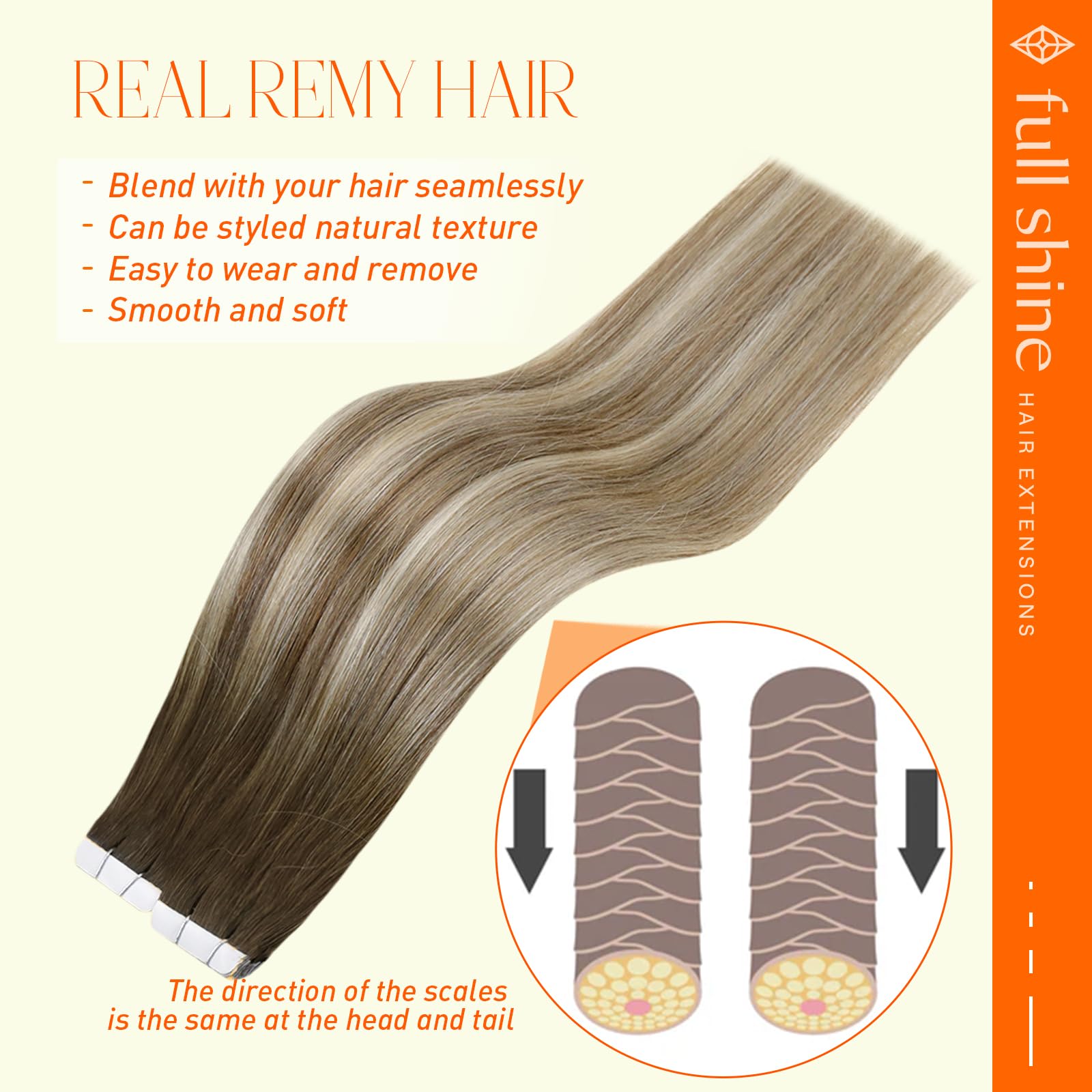 Full Shine real human hair extensions laid flat for invisible bond.