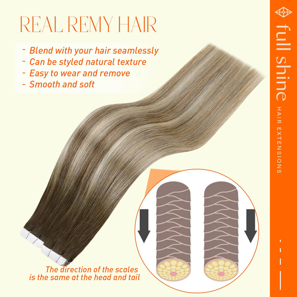 Full Shine real human hair extensions laid flat for invisible bond.